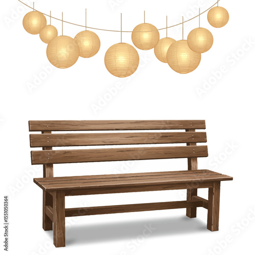 Rustic wooden bench under a string of glowing paper lanterns on a white background