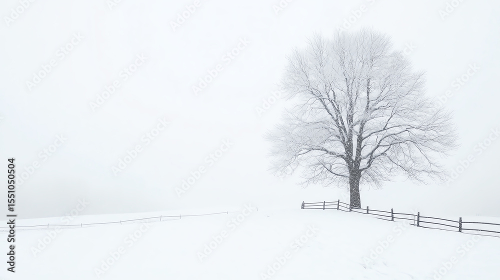 Obraz premium A solitary tree stands in a snowy landscape, surrounded by a blanket of white, creating a serene and tranquil winter scene.