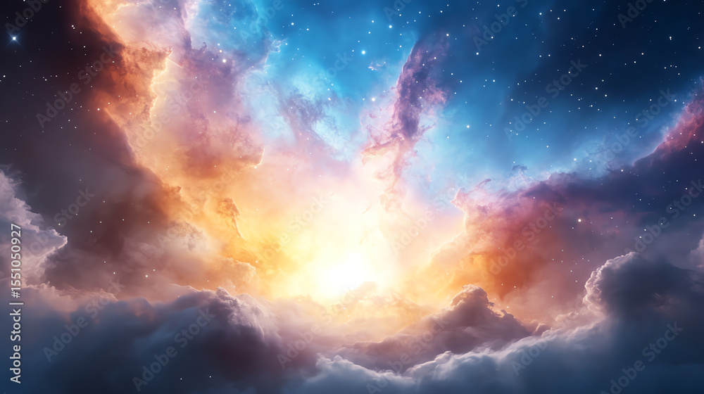 Obraz premium A stunning cosmic scene showcasing vibrant clouds illuminated by the brilliance of stars and a nebula in the vast universe.