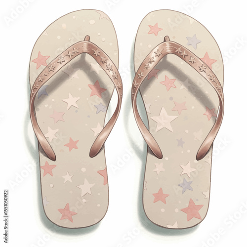 Starry flip-flops with rose gold straps on a white background, summer footwear