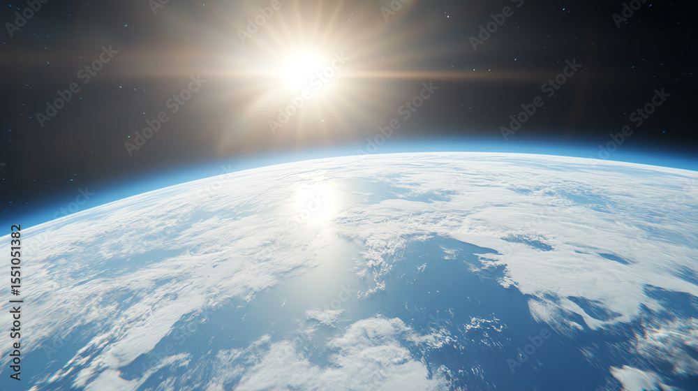 Obraz premium A stunning view of Earth from space, showcasing the vibrant blue oceans and clouds illuminated by the sun's rays.