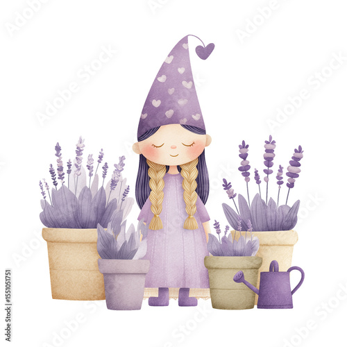 Fotografie A charming set of three hand-painted watercolor illustrations featuring a sweet garden gnome girl