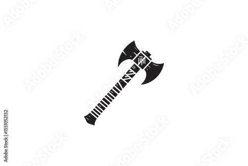 Black and white, with a simple and minimalistic Tomahawk silhouette isolated on a white background