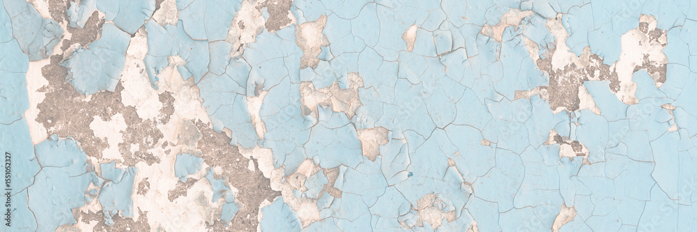 Fototapeta premium Peeling paint on the wall. Old concrete wall with cracked flaking paint. Weathered rough painted surface with patterns of cracks and peeling. Grunge texture for background and design. High resolution.
