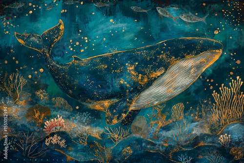 Sapphire and Gold Seascape: Majestic Whale Glides Through Coral Forests.