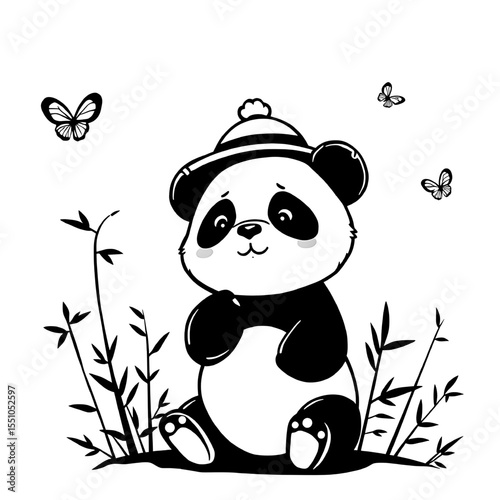 cute cartoon panda with hat surrounded by butterflies