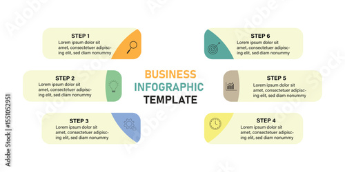Business infographic template. Business infographic design with 6 steps. Infographic of business strategy which can be used for presentations banners, workflow layout, annual report, web design.