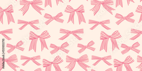Pink hand drawn coquette striped bows seamless pattern