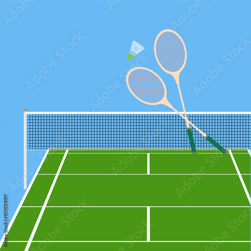 Two crossed badminton rackets and shuttlecock in front of them over badminton court with net on on a blue background. Sports set of pictures