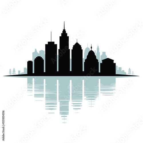 Black Silhouette Cityscape Skyline Reflected in Calm Teal Water Minimalist Urban Landscape Design