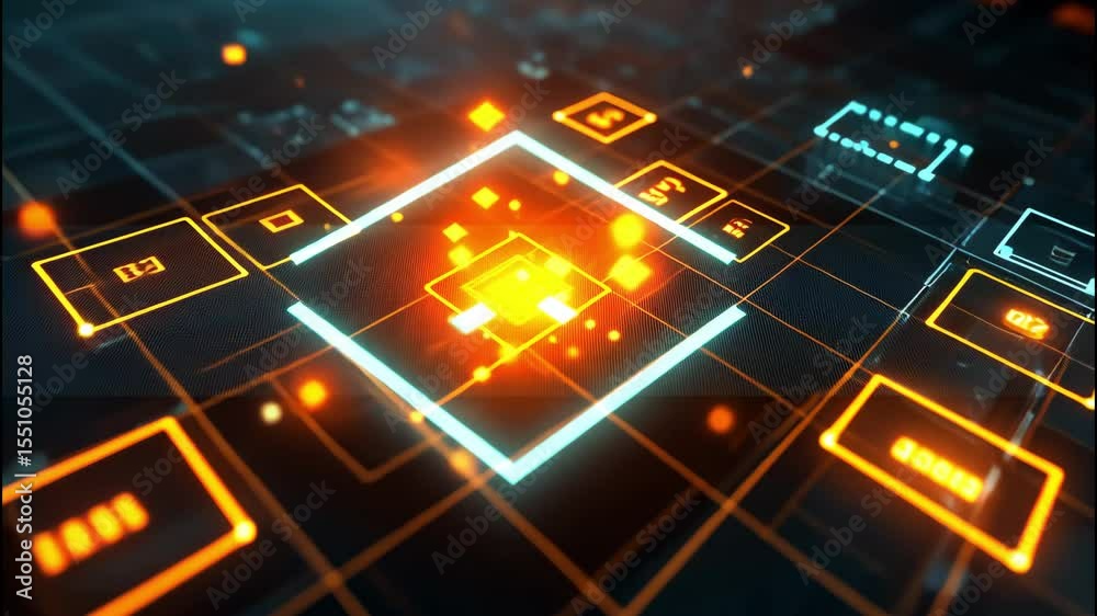 Futuristic holographic grid with glowing orange cube in tech digital layout. 