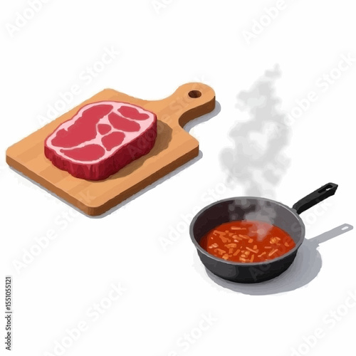 Juicy steak preparing on a cutting board beside a simmering sauce in a skillet with aromatic steam rising