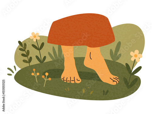 Barefoot on the grass. People in nature. Girl Walks. Cottagecore lifestyle. Digital Detox. Harmony with nature vibe. Feets. Slow living, relaxing. Flat vector illustration