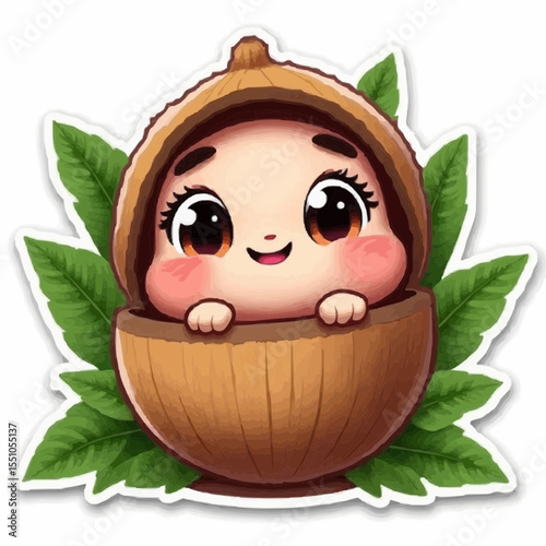 Charming cartoon character peeking out from nut shell surrounded by green leaves in a whimsical forest setting