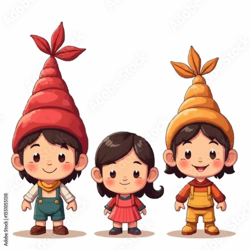 Charming trio of whimsical characters in bright hats showcasing joy and innocence in a playful world of imagination