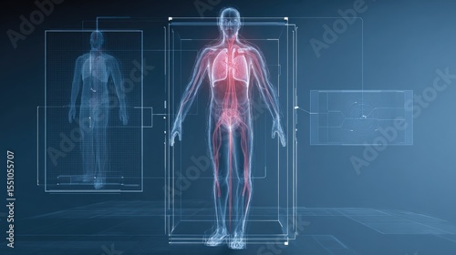 Human Anatomy: A futuristic and transparent illustration of the human body. highlighting the inner workings of the skeletal and cardiovascular systems in a technological style.