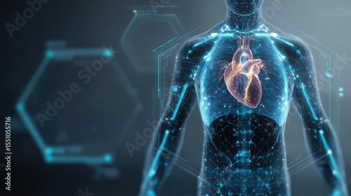 Human Anatomy Visualization: A detailed, transparent illustration reveals the intricate human body, showcasing the heart and internal organs, highlighting the marvels of the body's inner workings.