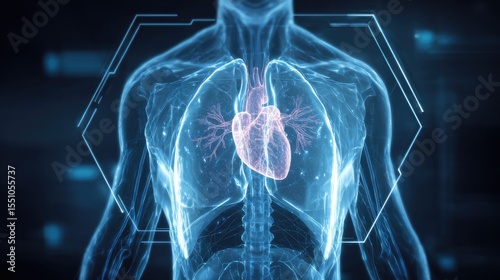 Anatomical Heart Display: A striking illustration of a human torso, rendered in a futuristic style, highlighting the heart and internal organs, with digital overlays. 