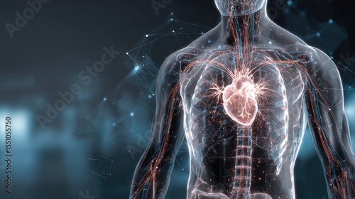 Human Anatomy: Artistic representation of the human body, highlighting the heart, blood vessels and nervous system. A visually striking and educational illustration.