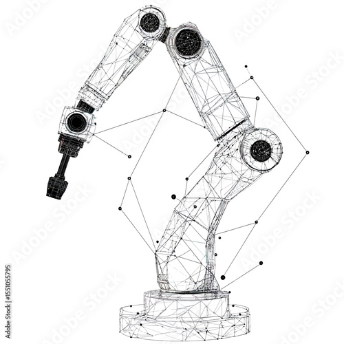Isolated robotic arm wireframe illustration with polygonal lines and dots on white background industrial automation technology concept design vector sketch drawing