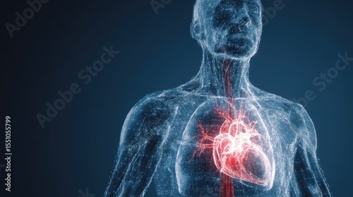 Human heart anatomy: A detailed medical illustration showcasing the intricacies of the human heart, revealing the central organ in a vibrant and informative way. 