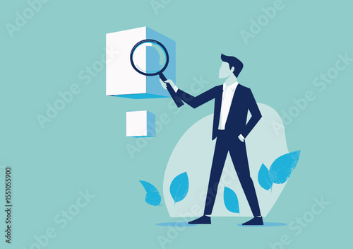 Businessman in suit holding magnifying glass analyzing floating white cube with leaves background flat minimalist vector concept