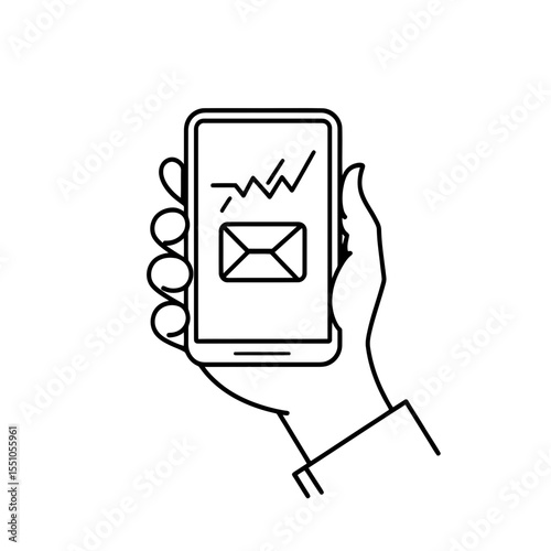 Hand holding smartphone with email icon and notification line chart on screen digital communication and messaging concept outline vector illustration