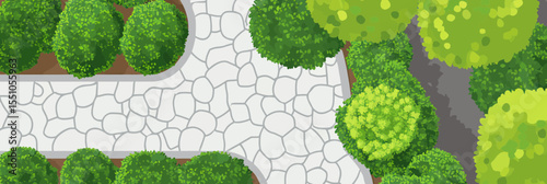 Top view of garden pathway with white cobblestone pavement and surrounding green bushes and shrubs in flat minimalist style vector illustration