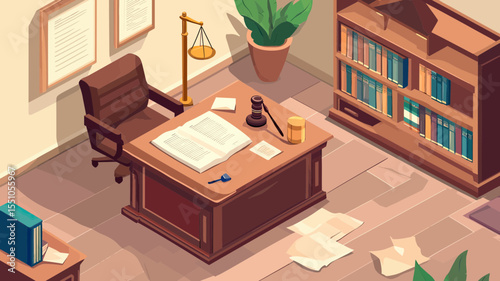 Isometric lawyer office workspace with wooden desk open book legal documents gavel law scale bookshelf office chair and indoor plant flat design vector illustration