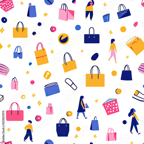 Seamless shopping pattern with flat minimalist colorful shopping bags, shoppers walking, and abstract circles on white background for retail and commerce design
