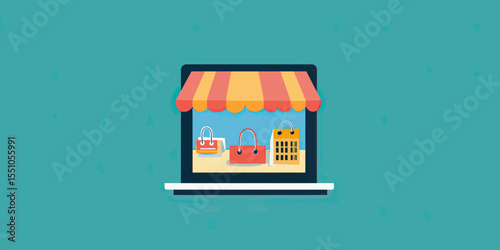 Online shop concept with laptop screen showing handbag products under awning, flat minimalist vector illustration ecommerce retail marketplace