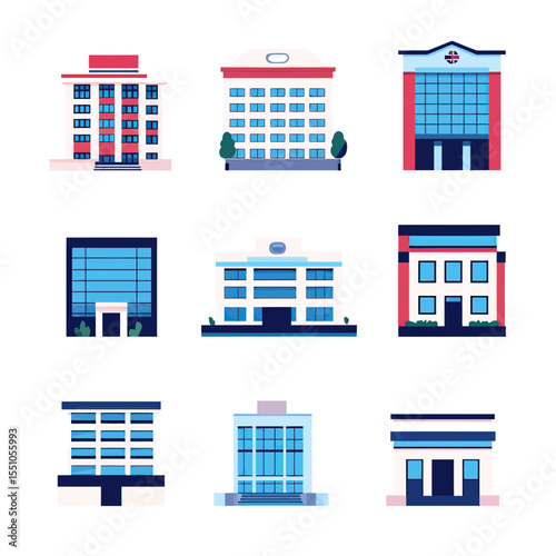 Set of nine flat minimalist vector illustrations of modern multi-story clinic and hospital buildings with various architectural styles and blue window panels isolated on white background