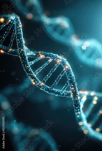 DNA Spiral: A mesmerizing macro shot of a double helix DNA strand, illuminated with vibrant glowing particles, against a deep, space-like backdrop. Showing the core of genetic coding.