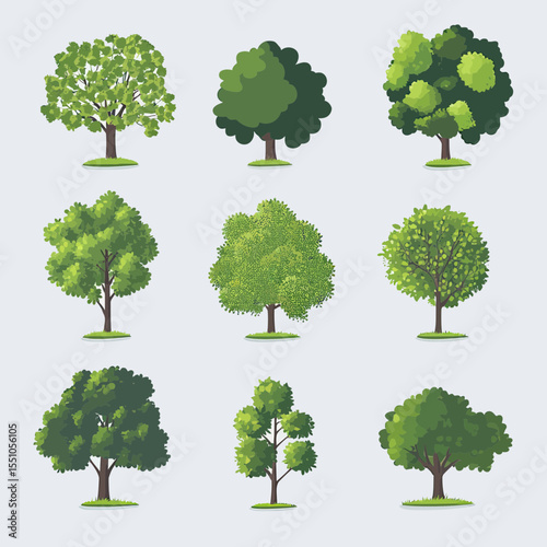 Set of nine different green leafy trees isolated on light background realistic vector illustrations of various types of healthy mature deciduous trees with detailed foliage