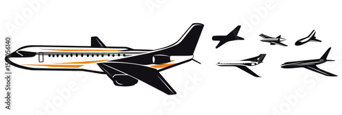 Black and white commercial airplane vector illustration set showing side views of passenger jet aircraft with orange accents in flat minimalist style on white background