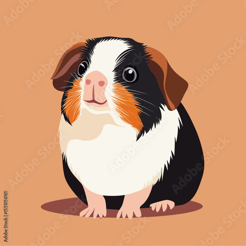 Cute tri color guinea pig sitting on brown background with detailed fur texture and bright eyes in cartoon vector style illustration
