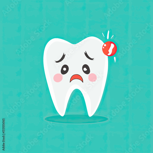 Sad cartoon tooth with red swollen gum showing dental pain or infection illustration in flat minimalist style on teal background vector image