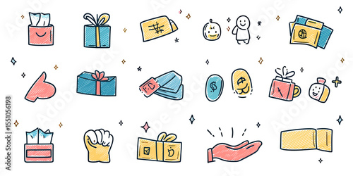 Hand drawn reward bonus gift icons set with presents, coupons, coins, loyalty cards, smiling faces and open hand in minimalist line art style vector illustration