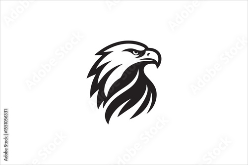 Black and white, with a simple and minimalistic eagle head silhouette isolated on a white background