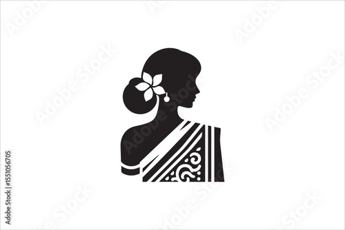 Black and white, with a simple and minimalistic south asia lady silhouette isolated on a white background
