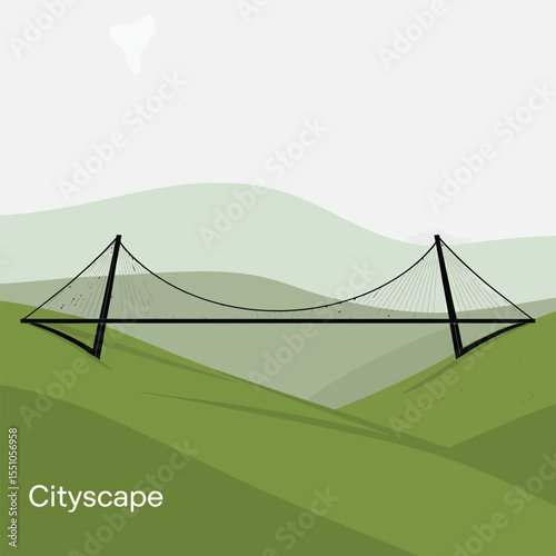 Black Suspension Bridge Spanning Green Rolling Hills Under a Light Gray Sky Minimalist Landscape Illustration