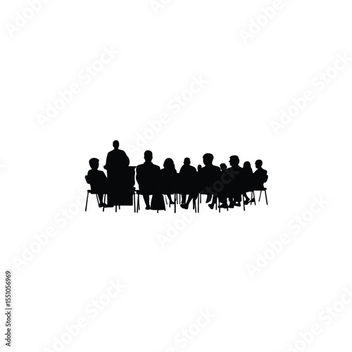 Silhouette of a group attending a seminar on sustainability on white background