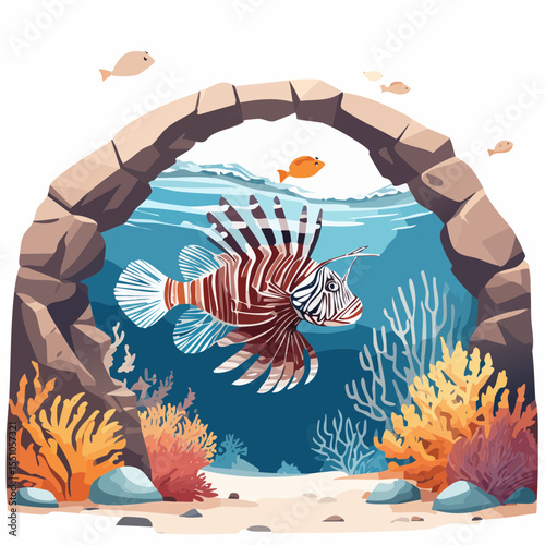 A lion fish hovers near a rocky arch deep below the surface, its delicate spines flaring with color in the filtered light.