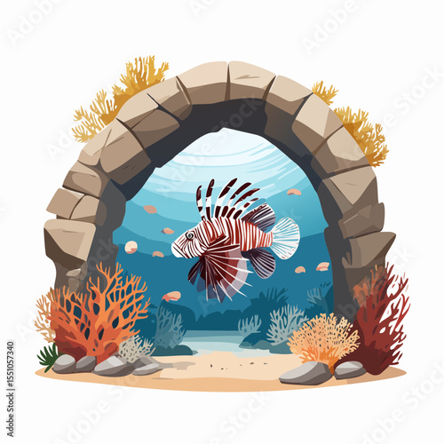 A lion fish hovers near a rocky arch deep below the surface, its delicate spines flaring with color in the filtered light.