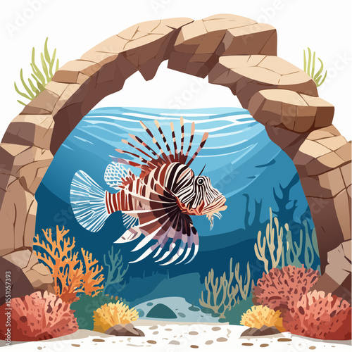 A lion fish hovers near a rocky arch deep below the surface, its delicate spines flaring with color in the filtered light.