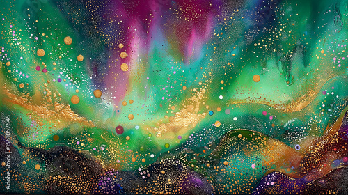 A green and gold textured background for vibrant expression, splashes of liquid, weaving pattern