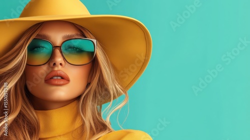 This striking fashion model showcases vibrant style with her yellow hat and sunglasses against a bold turquoise background, exemplifying modern aesthetics and eye-catching trends.