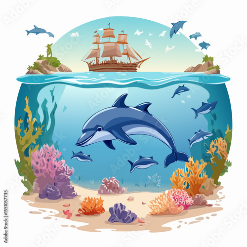 A lively pod of dolphins leaps and twists near ancient sunken ruins, creating a joyful and dynamic underwater view.