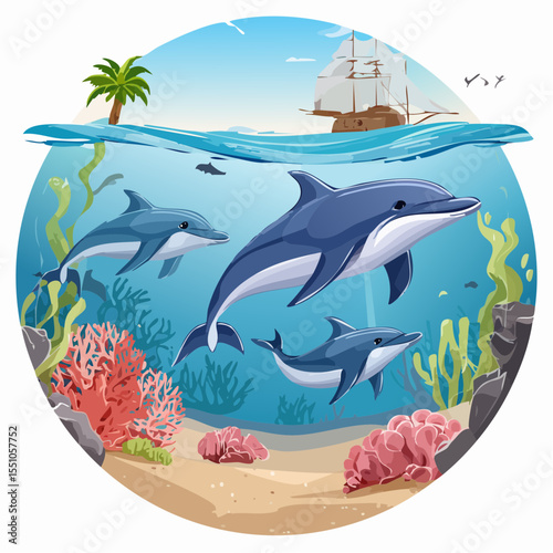 A lively pod of dolphins leaps and twists near ancient sunken ruins, creating a joyful and dynamic underwater view.