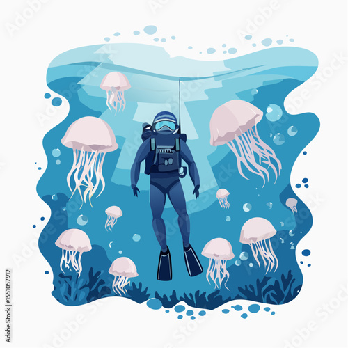 A scuba diver surrounded by dozens of translucent jellyfish in a magical underwater moment, captured in sharp wide-angle realism.